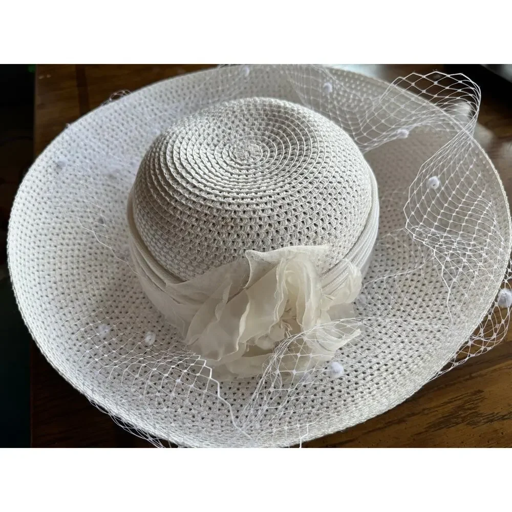 Hats In The Belfry White Straw Wide Brim Hat with Veil & Floral Detail